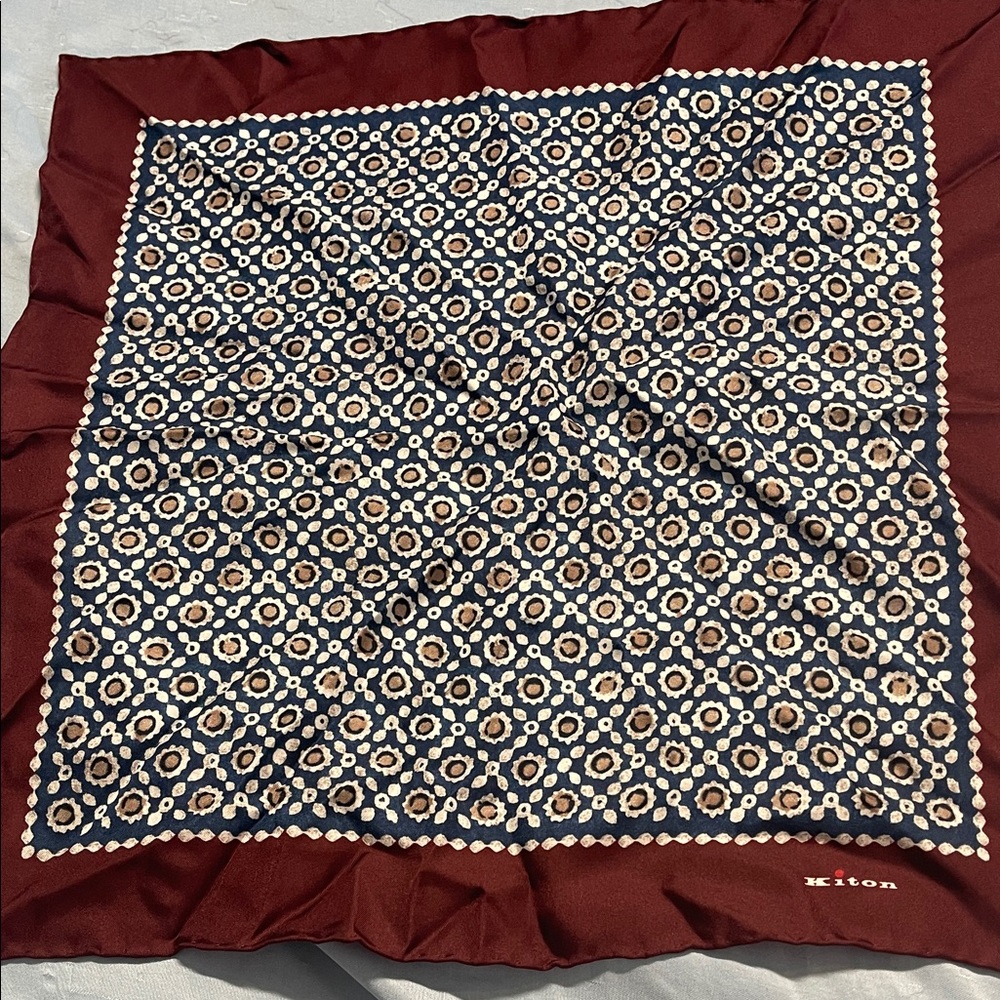 Kiton Navy & Burgundy Floral Medallion Silk Pocket Square